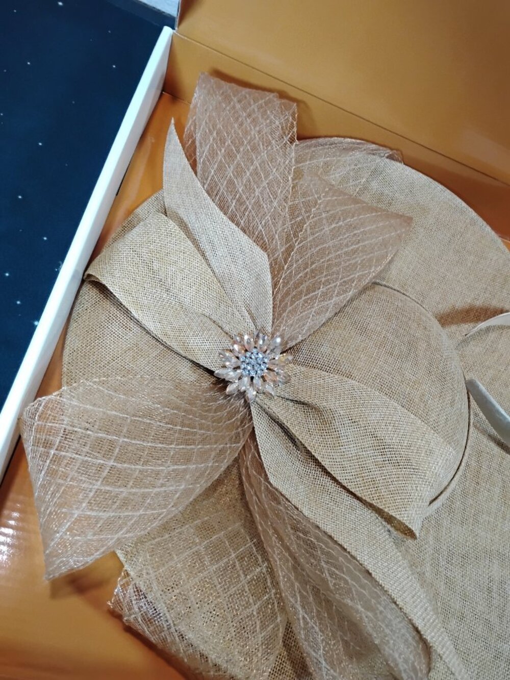 Gold Fascinator Hat Wide Brim Kentucky Derby Tea Party Wedding Headband - Picture 3 of 7